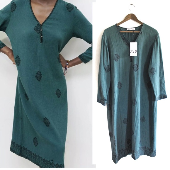 Zara NWT Green Printed Loose Fitting Long Sleeve Dress Large - Picture 2 of 14